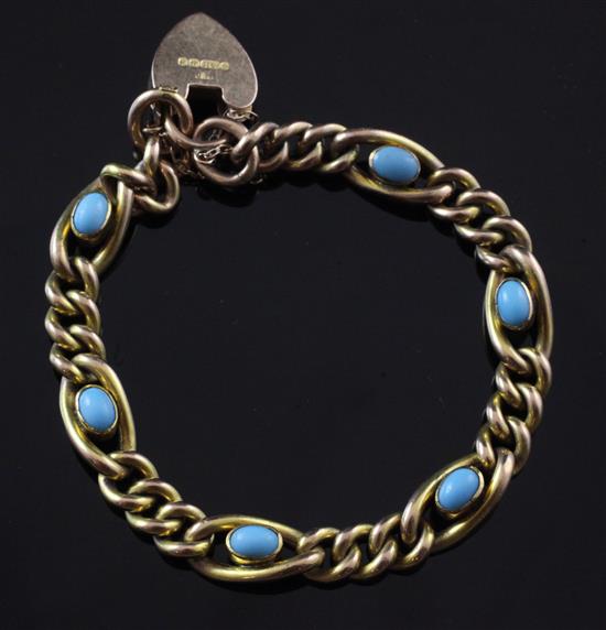 An Edwardian 9ct gold and turquoise curb link bracelet, gross 14 grams.